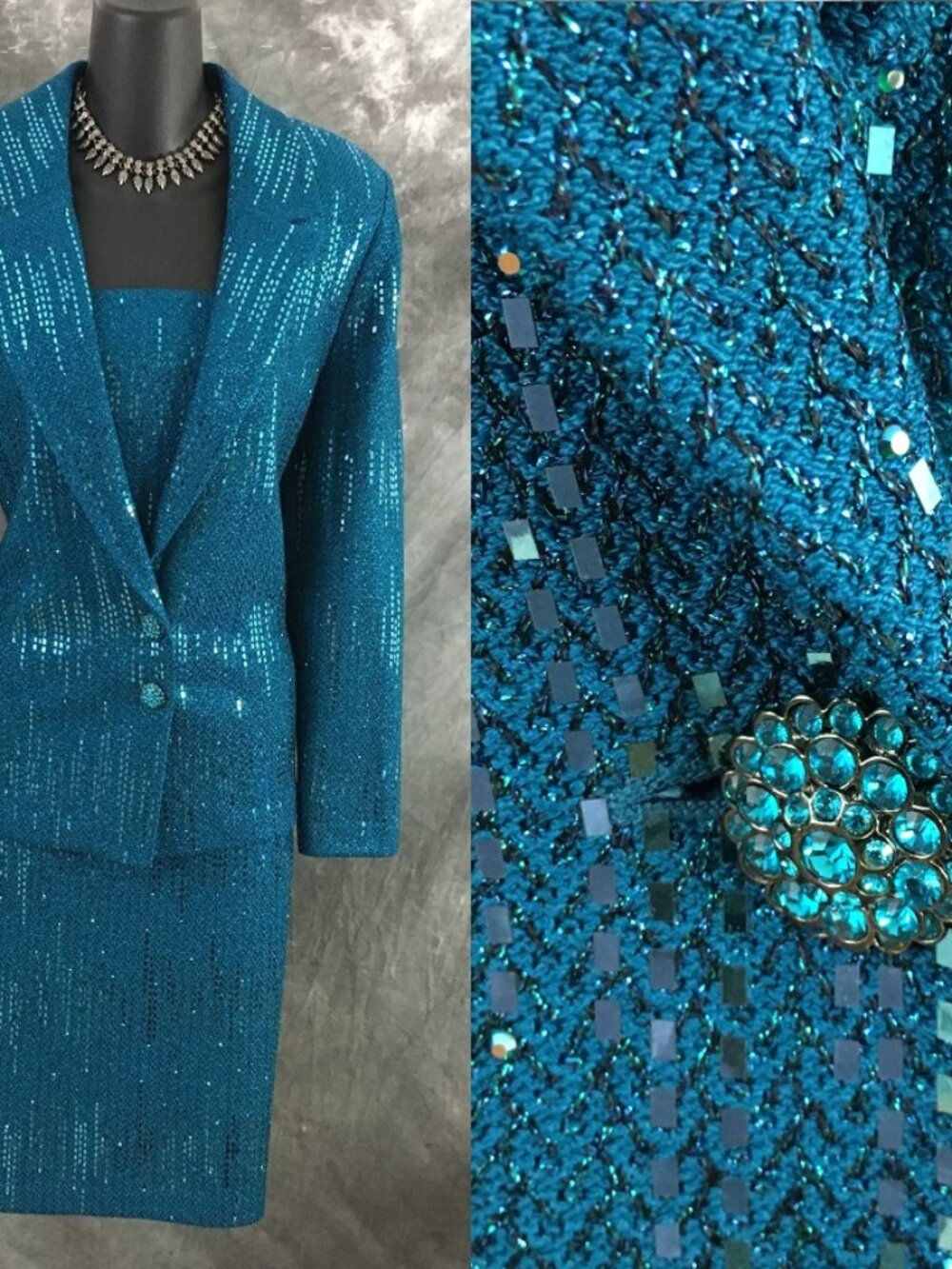 BEAUTIFUL St John evening knit blue rhinestones embellished jacket skirt suit 8